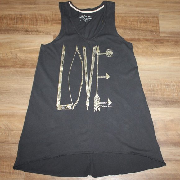 MISS ME * THE BUCKLE Size MED Gray Gold "LOVE" Low Cut V-Neck HI-LO Tunic Tank - Picture 1 of 13